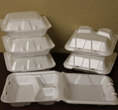 Foam Hinged Lid Carryout Containers Large, Three Compartment w/ Optional Lid Vents 9
