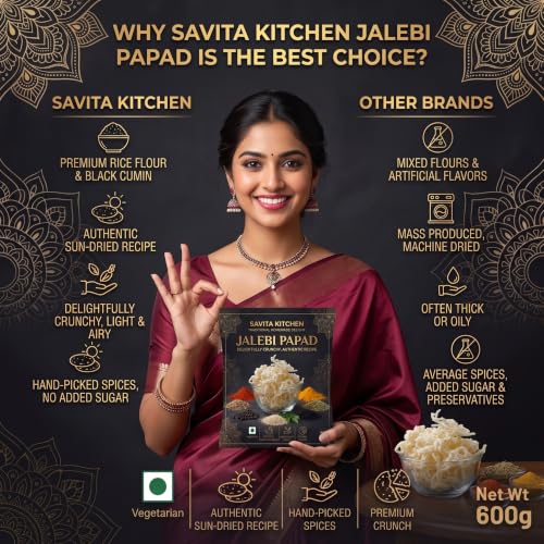 Image of Savita Kitchen Jalebi Papad, 600g | Traditional Sun-Dried Rice Papad | Crispy Bihari Style Namkeen Snack | Ready-to-Fry, No Preservatives, Vegan