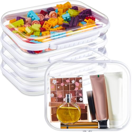 Sanwuta 4 Pcs Clear Hardshell Zipper Case with Handle Hard Plastic Pouches Toy Storage Bins Transparent Cases for Snacks, Cosmetic, Building Blocks, Puzzles(9.8 x 7.9 x 2 Inches,White)