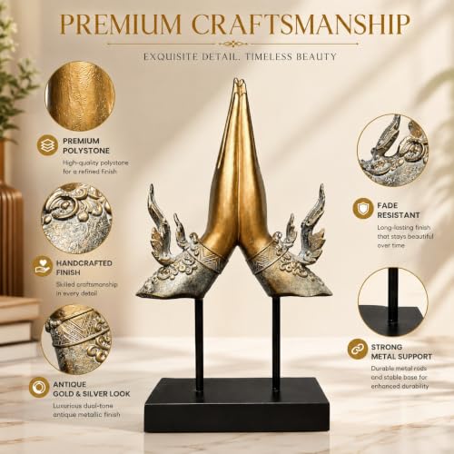 Image of ARMONIA Divine Blessing Mudra Figurine, Premium Polystone Hand Sculpture with Antique Golden Finish, Luxury Decorative Showpiece for Living Room, Office, Shelf, Tabletop & Home Decor, 13.3 Inches