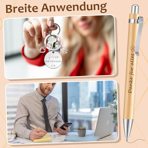 Hestya 4 Stück Abschiedsgeschenk Kollege Mitarbeiter Dankeschön Geschenk für Kollegin Lehrer Abschied Geschenke Umhängetasche aus Segeltuch A6 Notizbuch mit Stift Schlüsselanhänger Spirale Notizblock