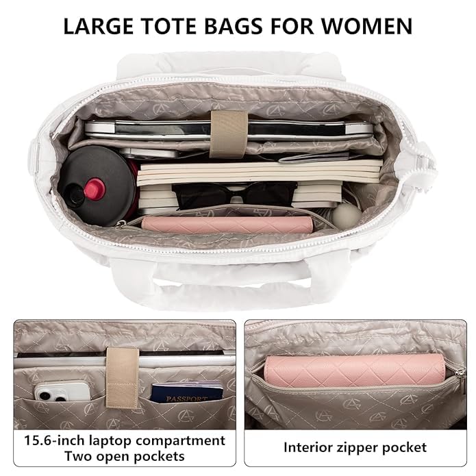 Image of Tote Bag for Women Puffer Tote Bag Large Nurse Bags Shoulder Handbag with Zipper for Work Travel,16.3 x 6.3 x 12 inches (MULTI COLOR) (6 Month Warranty)