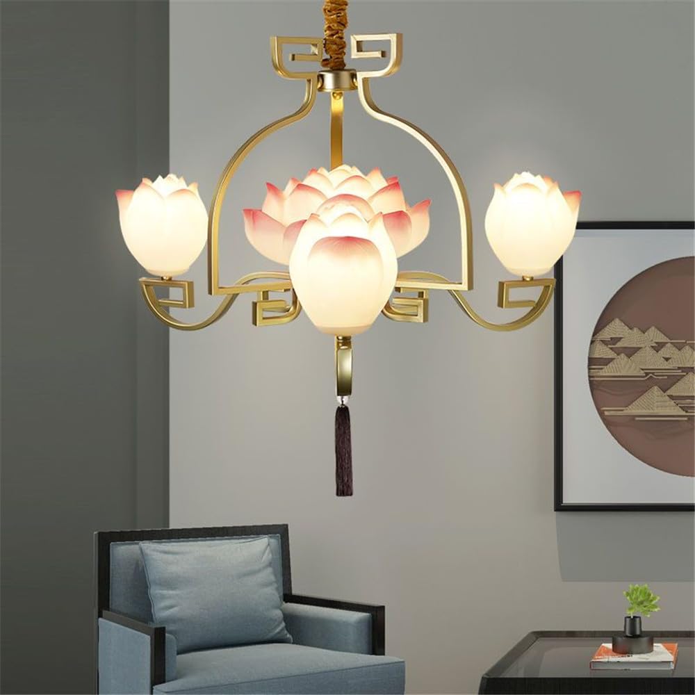 LYMSXAZOU Contemporary Lotus Pendent Lights Chinese Retro Creativity Villa Living Room Restaurant Bedroom Tearoom Study Hotel LED Decoration Chandelier (B 4 Lights)