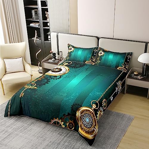 Steampunk Jewelry Gold Watch Bedding 100% Cotton Set for Kids Boys Clock Theme Gears Mechanical Decor Chain and Keys 100% Cotton Duvet Cover Retro Green Texture Duvet Set King Size Zipper Quilt Cover - Image 3