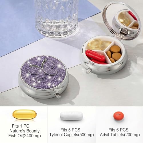 Image of Medicine Organizer Box Butterfly Pocket Pharmacy Bling Travel Pill Case Box for Purse Mini Pill Holder Organizer Small Pills Container for Vitamin(Purple)