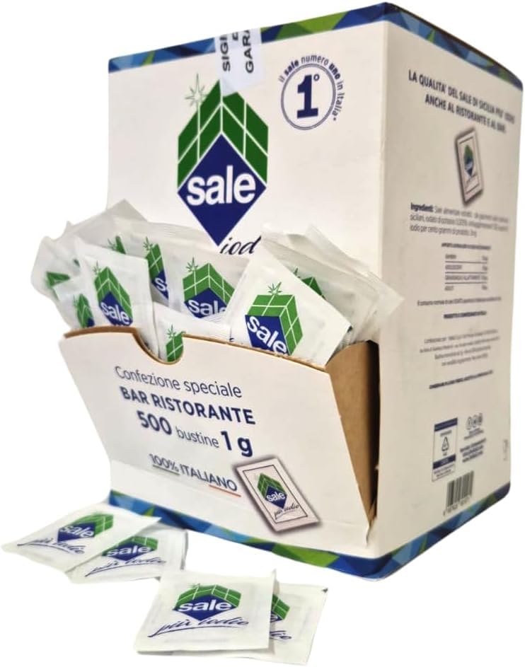 2 espositori Sale di Sicilia Fino Iodato monodose totale 1000 bustine da 1 g in Dispenser di cartone La qualità del Sale di Sicilia Più Iodio disponibile in pratiche ed igieniche bustine