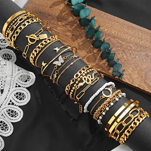 17IF 24-25 Pcs (6 Pack) 14K Gold Ankle Bracelets Set for Women Boho Stackable Bangles Cuff Charm Chunky Wrist Jewelry3