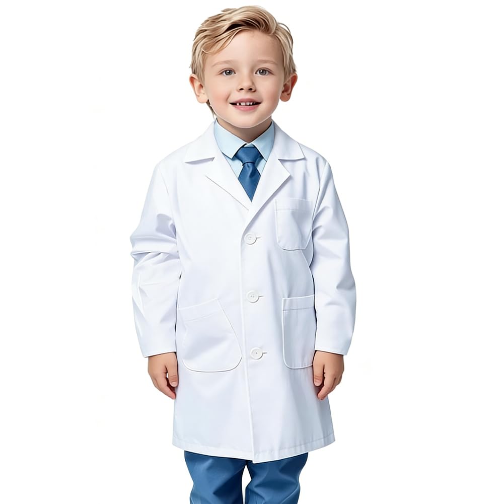 BSBUY Child's White Lab Coat, 4 Pcs Unisex Kid Scientist/Doctor Costume, Cotton/Polyester Blend, Machine Washable, XL