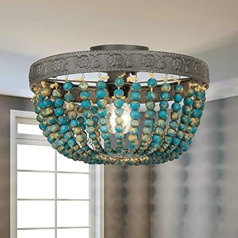 JEUNEU Bohemia Wood Beaded Flush Mount Ceiling Light Antique Rustic Pendant Light Blue Finishing for Bedroom Kitchen Island Farmhouse Hallway Entryway Passway Dining Room 1-Light Cover