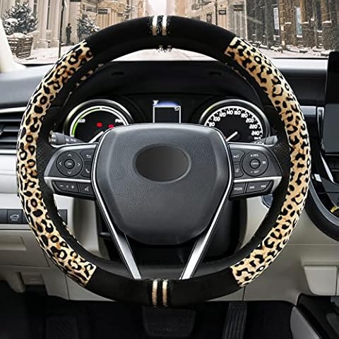 XCBYT Cute Steering Wheel Cover - Universal Fit 14.5-15 Inches Steering Wheel Leopard Cheetah Soft Comfortable Non-Slip Fuzzy Steering Wheel Cover for Women Cover