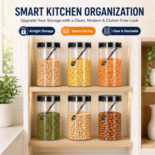 Image of Homeor Plastic Storage Jar & Containers With Spoon, Airtight & BPA Free Containers for Kitchen Storage, Grocery Kitchen Container, Multipurpose Jar, Fridge Storage Container, 2000 ML Set 6, Black