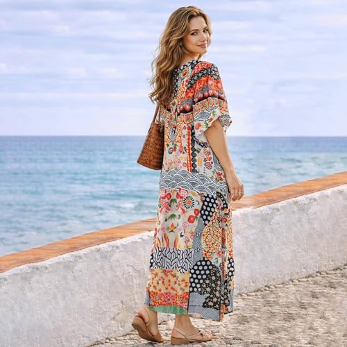 Image of Miss Lavish London Black Kaftan Dresses for Women V Neck Batwing Sleeve Beach Vacation Bikini Swimsuit Cover Ups, Ethnic Print Plus Size with Side Slits & Pockets, Resort Wear Cruise Coverup-Black-M