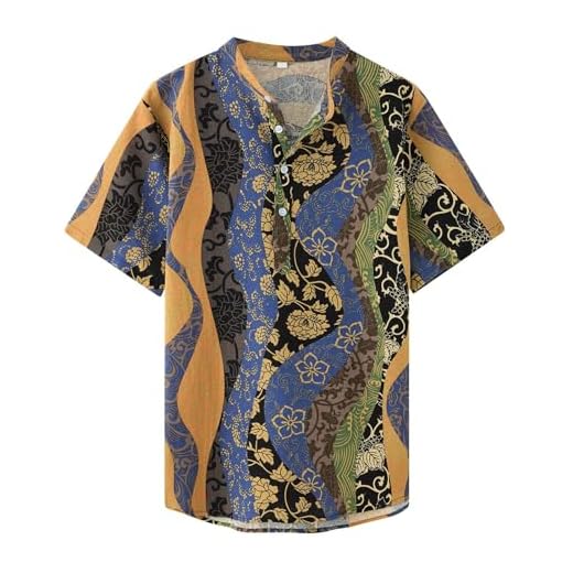Loveternal Camicia da Uomo in Lino e Cotone Manica Corta Camicia da Uomo con Stampa Etnica Vintage Camicia Henley con Mezzi Bottoni Camicia Tradizionale Camicia Casual Hawaiana da Uomo L