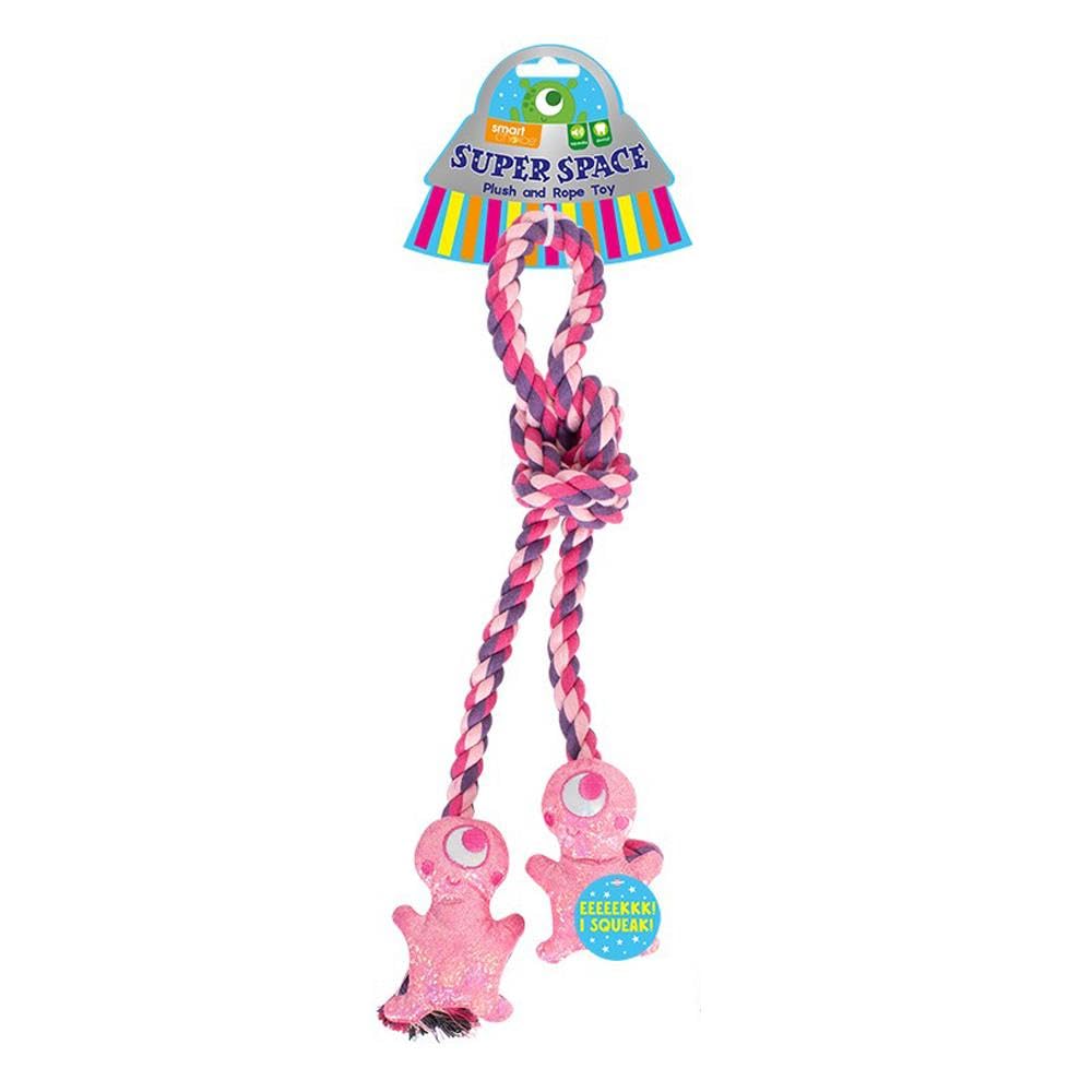 YöL Pink Alien Themed Rope Tug of War Treats Plush Toys Squeaky Dog Pet Puppy Interactive Stimulating Play
