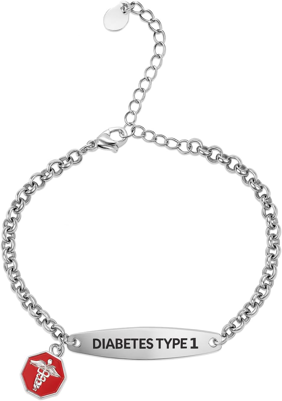 Medical Alert ID Bracelet for Diabetes Type 1 or Type 2, Stainless Steel Rolo Chain, Silver with Red Charm, 6-8 Inch Length, Pre-engraved