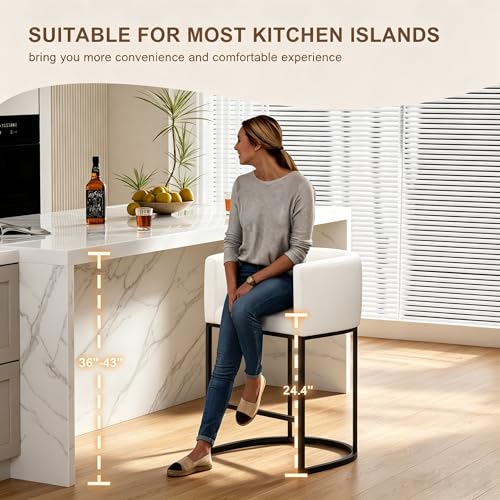 Image of 26 inch H Counter Height Bar Stools Set of 3, Modern Barrel Counter Stools with Backrest and Arms, Linen Fabric Upholstered Accent Barstools for Kitchen Island,Support 450 LBS (White)