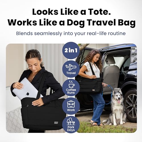 Image of rubyloo Puffer Dog Travel Bag for Dog Moms - Doggy Diaper Bag with Pet Bowls & Food Storage or Everyday Puffy Tote - Doggy Mom Gifts for Women - Lightweight, Travel-Ready Gift for Pet Lovers - Black