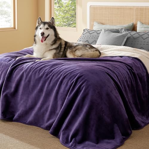 Image of Bedsure Waterproof Blanket for Bed - Sherpa Fleece Waterproof Dog Blankets for Large Dogs, Pet Blankets for Bed /Couch /Dog Crate, Soft Plush Reversible Furniture Protector, King, 108 inchx86 inch, Eggplant