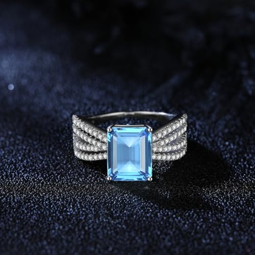 Emerald Cut Blue Topaz and Diamond Ring, Sterling Silver4