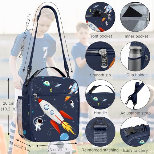 Clastyle Space Insulated Lunch Bag Star Large Thermal Cooler Bag for Kids Picnic Lunch Box Tote Rocket, 9.1x10.2x4.3 inches - Image 4