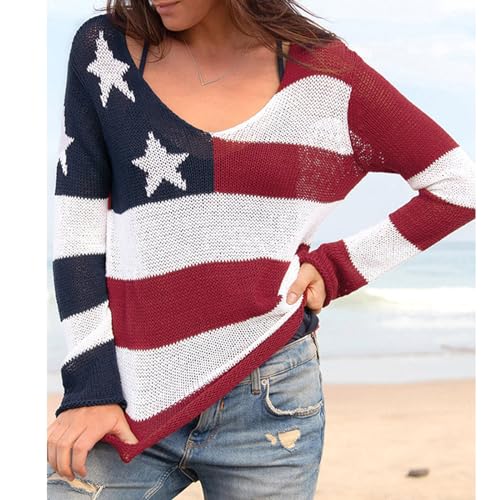 Image of Women American Flag Sweater Loose Vintage USA Sweatshirt Long Sleeve Crewneck Hollow Out 4th of July Jumper