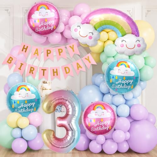 Image of 3rd Birthday Decoration Kit with Number 3 Foil Balloon, Rainbow Theme Birthday Decoration for Baby Girl and Baby Boy for Third Year Party Decor Set of 59 Pcs