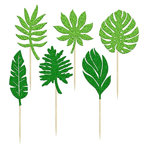 36Pcs Tropical Palm Leaves Cupcake Toppers Green Glitter Hawaii Luau Cupcake Picks Plant Leaf Summer Tropical Theme Birthday Party Cake Decorations Supplies #TOP6