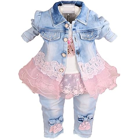 Baby Girls Denim Clothing Sets 3 Pieces Sets T Shirt Denim Jacket and Jeans(Pink,6-12M) Cover