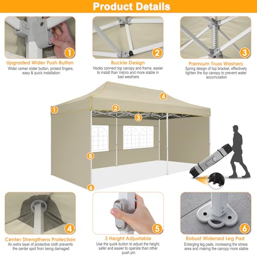 Image of HOTEEL 10x20 Heavy Duty Pop Up Canopy Tent with 4 Sidewalls, Commercial Outdoor Canopy Tents for Parties Event Wedding with Roller Bag, Waterproof & UV 50+, Upgraded Thickened Hexagonal Legs, Khaki