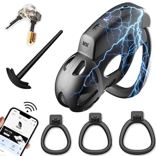 Heuceo Male Electric Shock Cock Cage Chastity Device Set with 10 E-stim Intensities & 3 Rings & Penis Plug & Mobile Remote Control, BDSM Bondage Adult Sex Toys for Gay Men Penis Stimulation Exercise