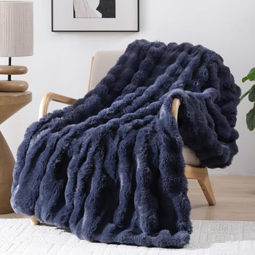 Smoofy Faux Fur Throw Blanket for Couch – Navy Blue