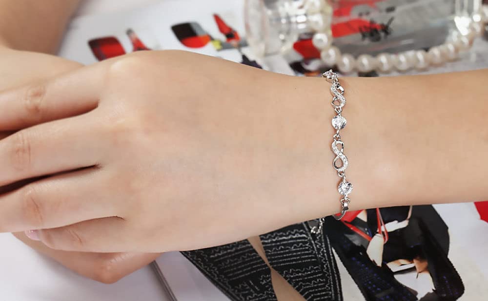 Braccialetti a Catena con Polsino in Argento Sterling Moda, Bracciale in Argento Sterling 925 da Donna Bracciale Infinito in Cristallo Squisito Regali di Gioielli in Argento Sterling