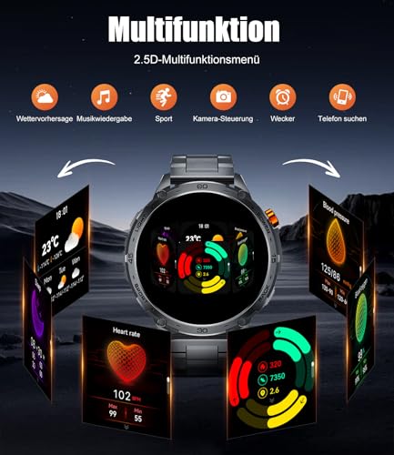 Smartwatch Herren, 730 mAh AkkuLED- Beleuchtung/ 2 Armbänder, 1.75“ HD Große Display Sportuhr Bluetooth- Anrufe, Fitnessuhr: 100+ Sportmodi/ IP68 Wasserdicht, Herzfrequenz/ Schlafmonitor, f-7