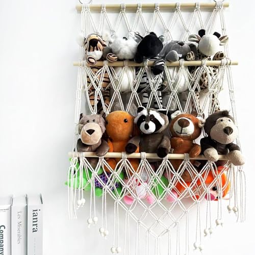 Image of Waterlily House - Organizer Mesh, Bohemian Net Organizer, Stuffed, Toy Storage Hammock, Rainbow Stuffed Animal Hammock Macrame for Toy Storage. (Offwhite - Two Layer)