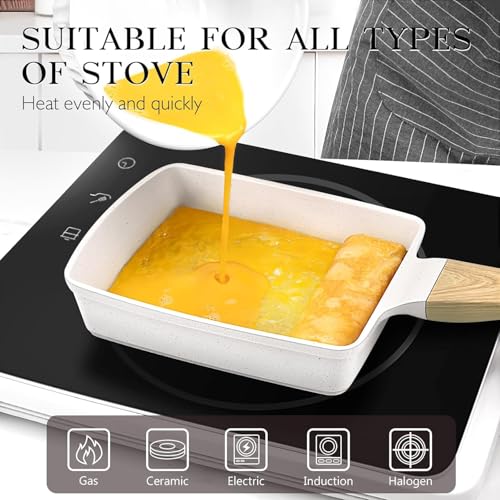 Image of Breakfast Pan Non Stick Egg Fry Pan Rectangular | Sandwich Frying Pans | Mini Frying Pan | Induction & Gas Compatible | Easy Clean | Wooden Grip Handle | Tamagoyaki Japanese Omelette Pan