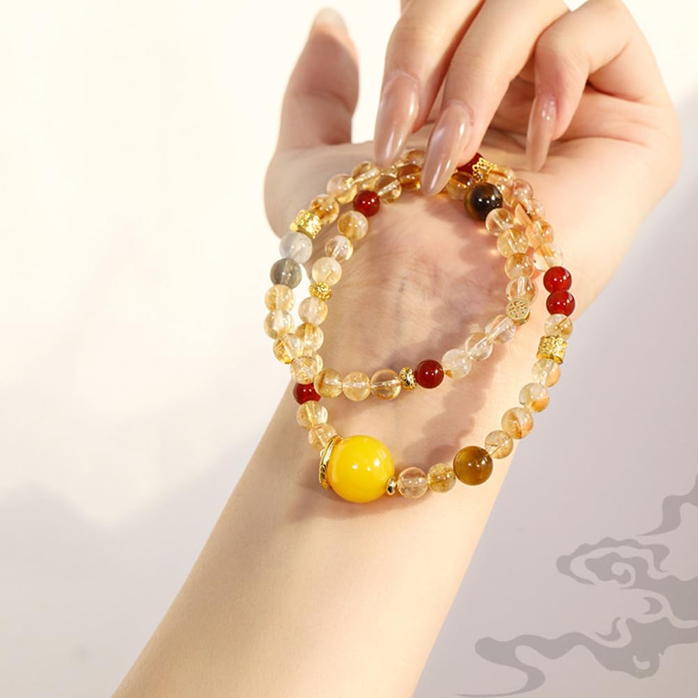 Bracciale in Cristallo a Sei Pietre: Quarzo Giallo, Agata Gialla, Agata Rossa, Occhio di Tigre Giallo, Occhio di Tigre Dorato e Gioielli con Perline di Pietra Luna Grigio Argento