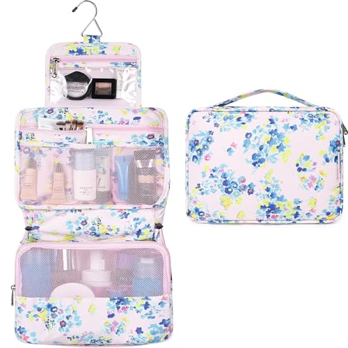 Image of Hanging Travel Toiletry Bag Cosmetic Make up Organizer for Women and Girls Waterproof (Pink Flower)