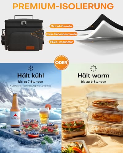 HOTOR kühltasche für Männer und Frauen – auslaufsichere lunchtasche mit 4 Taschen, verstellbarem Schultergurt, ideal für Arbeit, Picknick, Reisen und Strand, 10L, Schwarz 2