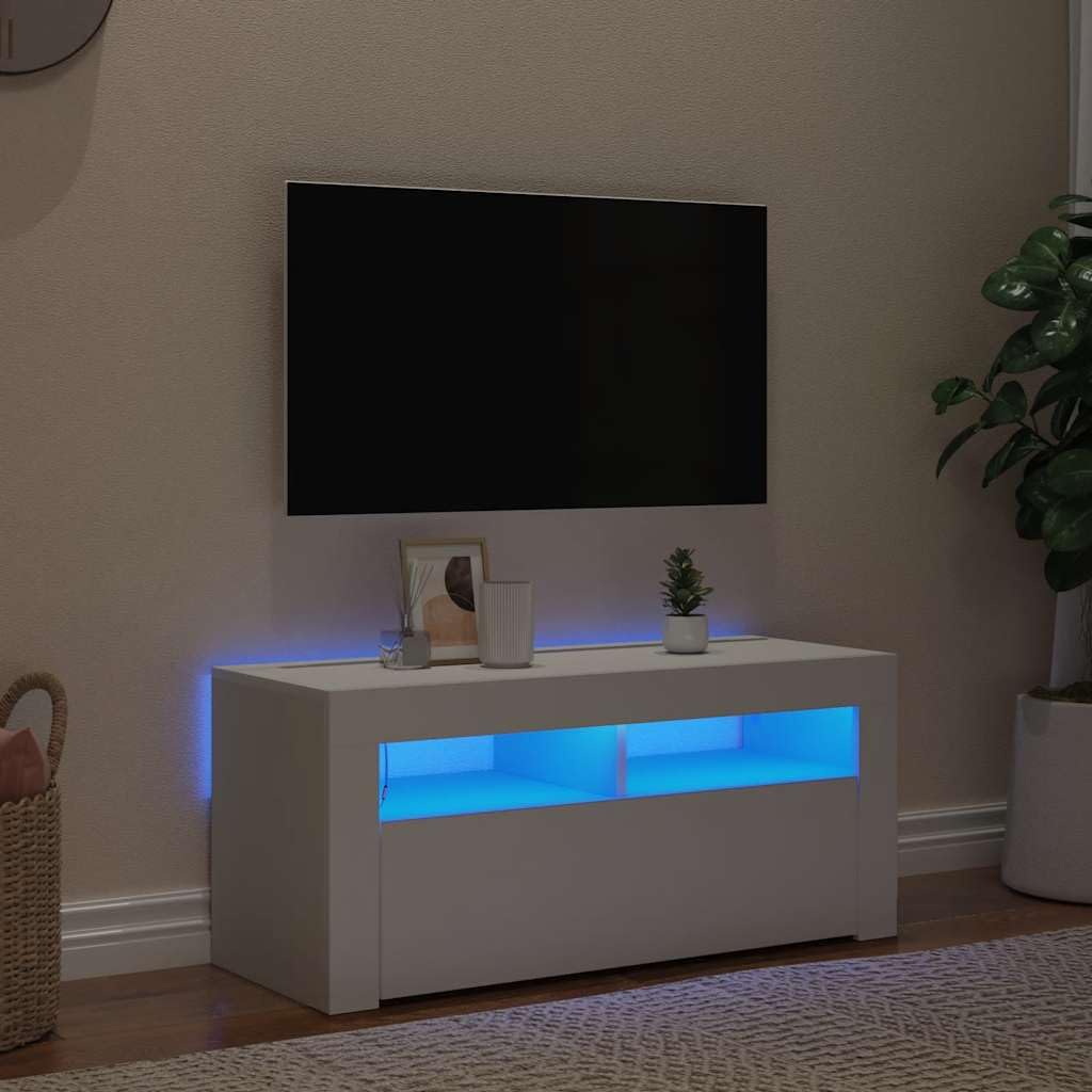 vidaXL Mueble de TV con Luces LED, Blanco, 90x35x40 cm, Madera de ingeniería, Soporte para televisores hasta 40", Mueble bajo con estantes, Consola Moderna para salón
