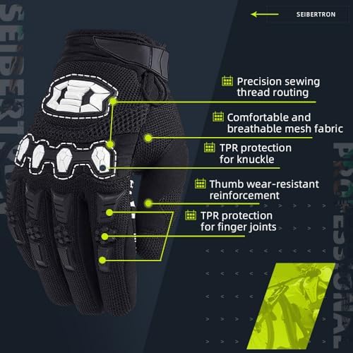 Seibertron Unisex BMX MX ATV MTB Racing Mountain Bike Bicycle Cycling Off-Road/Dirt Bike Gloves Road Racing Motorcycle Motocross Sports Gloves Touch Recognition Full Finger Glove Black M — view 3