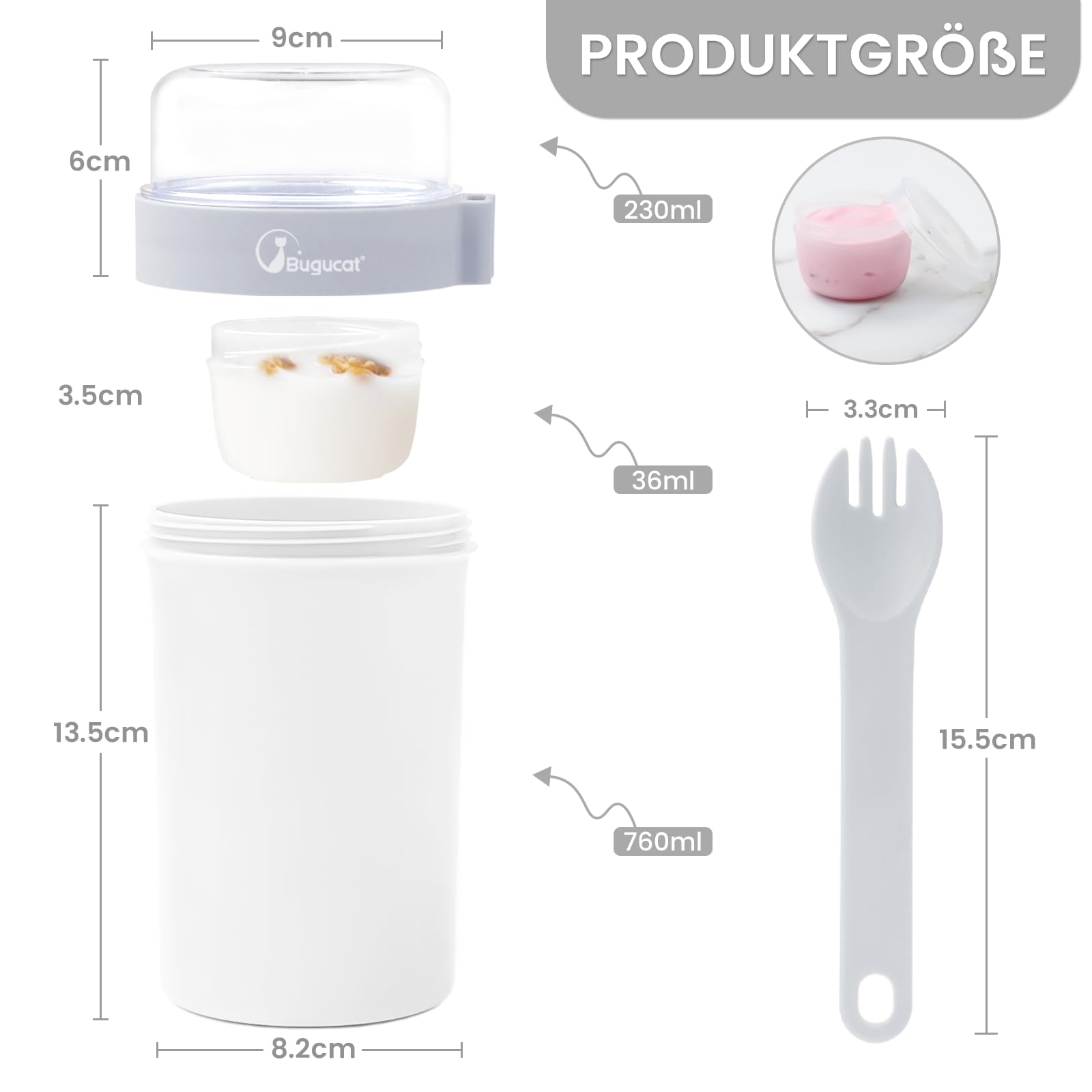 Bugucat Słoiki na owies 760+230 ml, pojemnik na owies z pokrywką i łyżką, szczelny kubek na jogurt, pojemnik do przechowywania sałatek ze znacznikami pomiarowymi