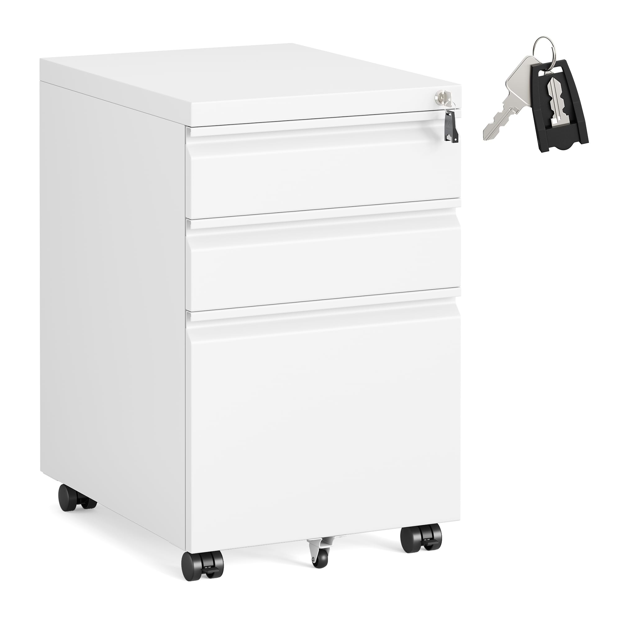 SONGMICS 3 Drawer File Cabinet, Metal Filing Cabinet for Home Office, Steel Construction, 3 Lockable Drawers, Rolling Printer Stand for Office, 39 x 50 x 62 cm, Matte White OFC033W101