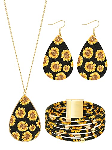 Hicarer 3 Pieces Sunflower Print Jewelry Set Sunflower Multi-layer Bracelets Faux Leather Teardrop Drop Dangle Earrings Necklace Bohemian Jewellery for Women(Black Background)