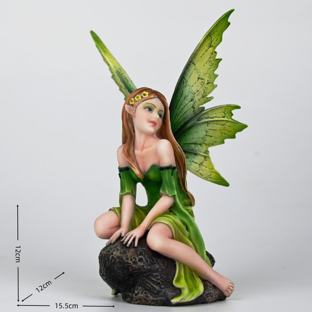 Fantasy Forest Green Fairy Figurine - Gradient Leaf Wings Elf Statue, Hand-Painted Resin Decor for Natural Garden, Desk & Shelf (15.5cm)