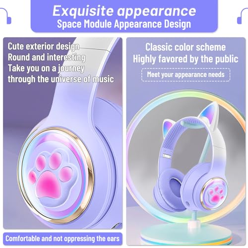 Image of Cat Ear Bluetooth Kids Headphones, LED Lights, Safe Volume, Foldable | Safe 85dB volume limit, Bluetooth 5.0, LED cat ears, built-in mic, TF card slot, foldable & adjustable for ages 3-12