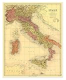 Italy, Sardinia & Sicily Map by J. Bartholomew circa 1890 - measures 24 inches x 30 inches (610 mm x