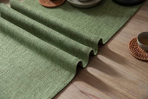Image of ZeeMart Burlap Style Farmhouse Table Runner, 14x72 Inches Grass Green | Thick Durable Fabric, Mitered Corner Design, Rustic Woven Dining Table Runner, Machine Washable Everyday Table Scarf
