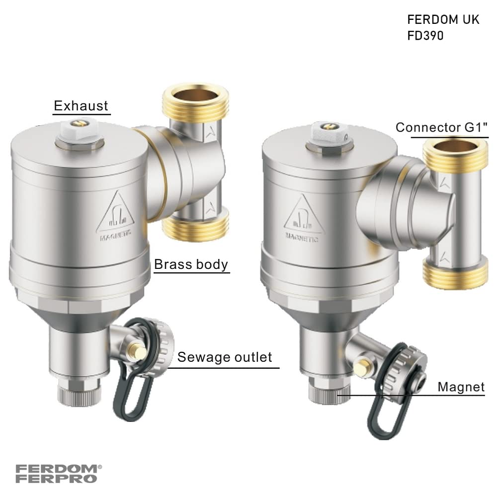 FERDOM FD390 STRONG 1" (DN25) Filtro Magnetico/Idrociclone Per Sistemi Di Riscaldamento. Magnete 10000gs. Con Separatore Di Particelle Non Magnetiche Inox 1000µm. Max.40kW. Rac.360 Gradi. 100% Ottone