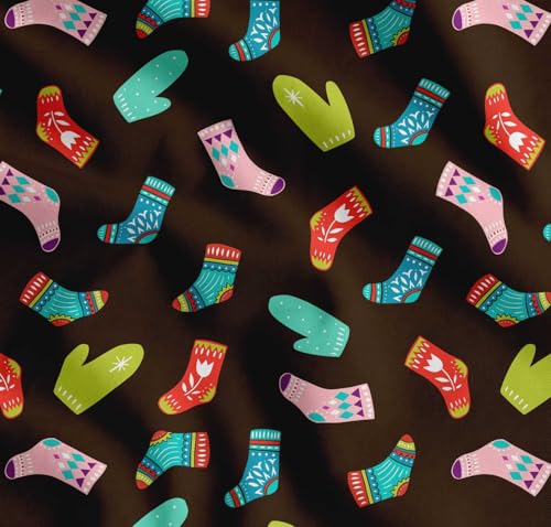 Image of Soimoi Brown Cotton Voile Fabric Socks & Gloves Folk Art Fabric Prints By Meter 42 Inch Wide