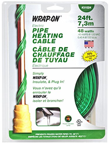 WRAP-ON Pipe Heating Cable - 24-Feet, 120 Volt, Built-in Thermostat, Low Wattage - 31024